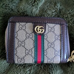 Gucci Beige GG Supreme Zip Card Case with Brown Leather and Green-Red Web